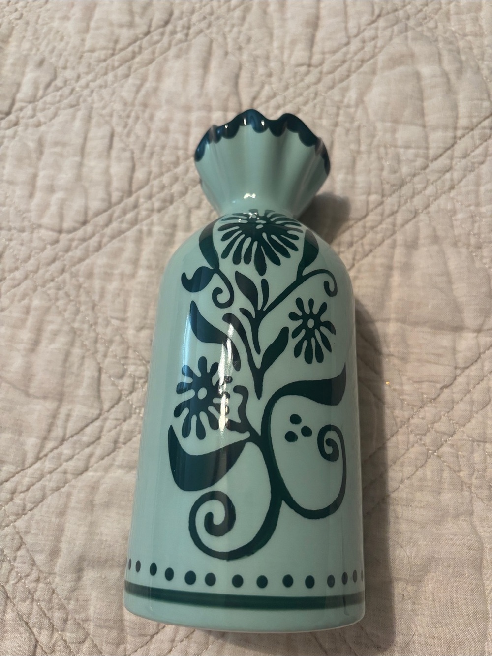 Anthropologie Teal Ceramic Bud Vase with Dark Teal Floral Motif